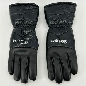 Bebe Sport Black Faux Leather Puffer Sherpa Lined Quilt Winter Gloves Women L/XL